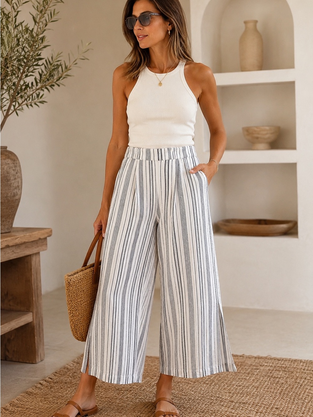 Ellen Tracy Linen Blend Striped Cropped Wide Leg Pants Size L